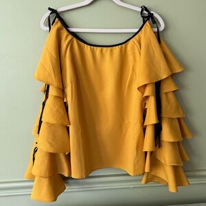 Mustard & Black Tie-Up Sleeve Blouse